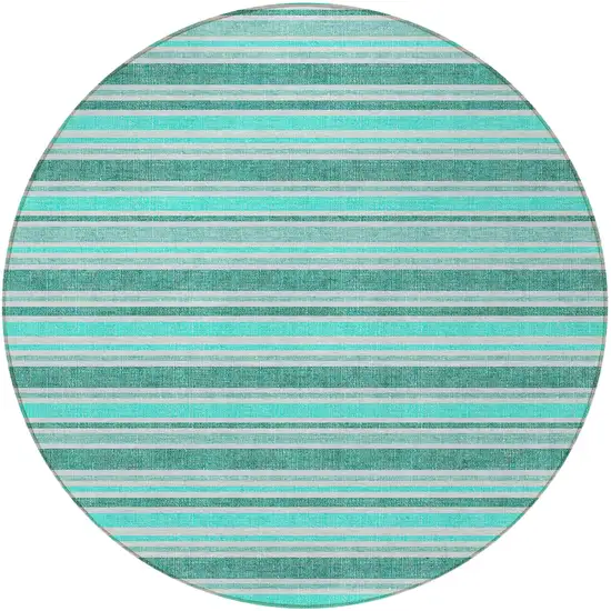 8' Round Turquoise Round Striped Washable Non Skid Indoor Outdoor Area Rug Photo 2