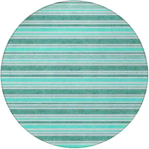 Photo of 8' Round Turquoise Round Striped Washable Non Skid Indoor Outdoor Area Rug