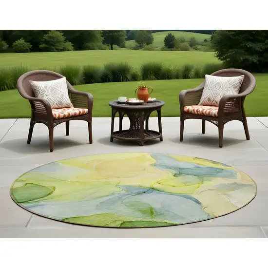 8' Round Yellow Round Abstract Washable Non Skid Indoor Outdoor Area Rug Photo 1