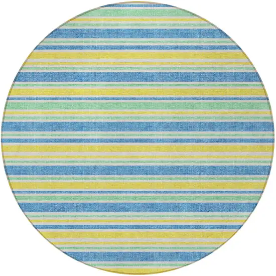 8' Round Yellow Round Striped Washable Non Skid Indoor Outdoor Area Rug Photo 3