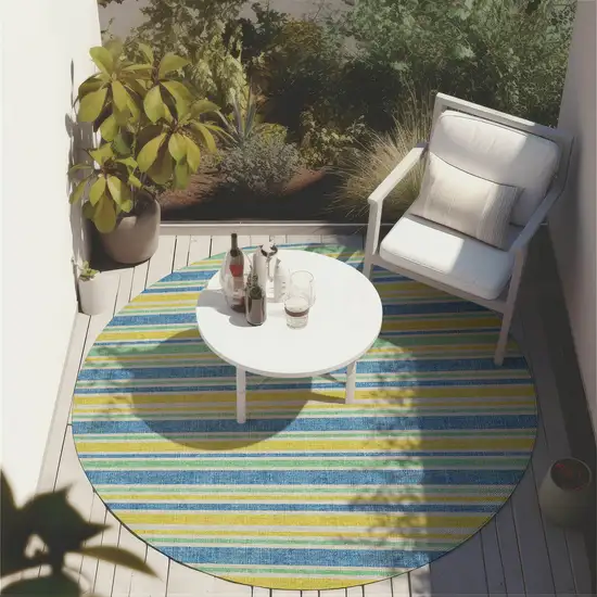 8' Round Yellow Round Striped Washable Non Skid Indoor Outdoor Area Rug Photo 6