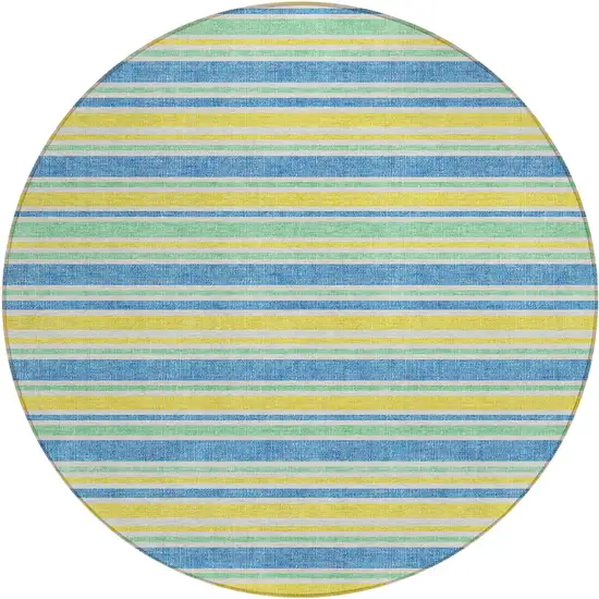 8' Round Yellow Round Striped Washable Non Skid Indoor Outdoor Area Rug Photo 1