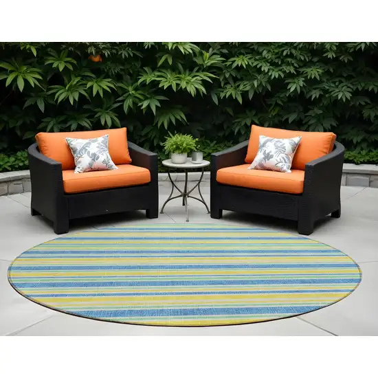 Blue Yellow and Green Round Striped Washable Non Skid Indoor Outdoor Area Rug Photo 1