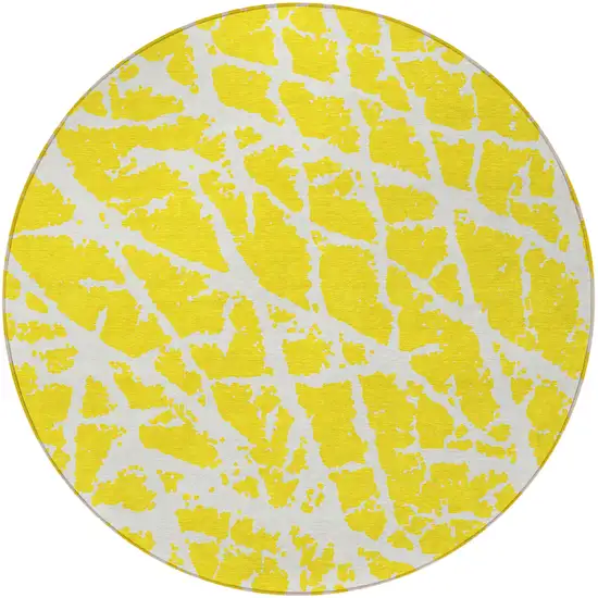 8' Round Yellow and White Round Abstract Washable Non Skid Indoor Outdoor Area Rug Photo 4