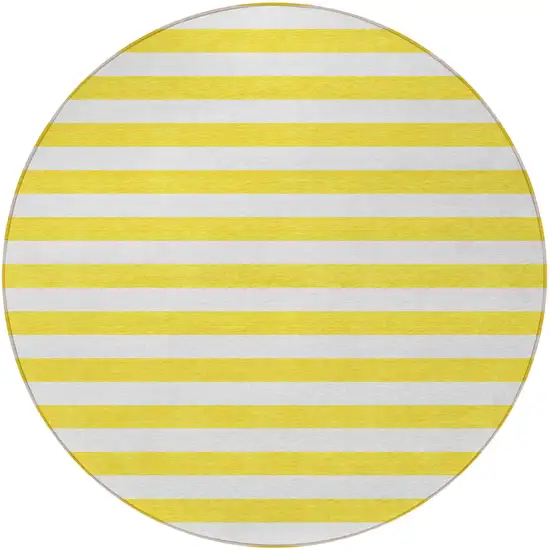 8' Round Yellow and White Round Striped Washable Non Skid Indoor Outdoor Area Rug Photo 3