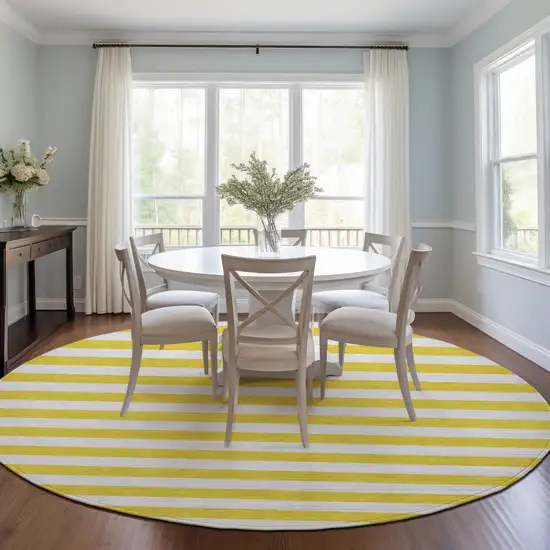 Yellow and White Round Striped Washable Indoor Outdoor Area Rug Photo 6