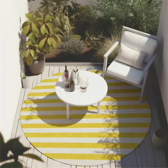 8' Round Yellow and White Round Striped Washable Non Skid Indoor Outdoor Area Rug Photo 7