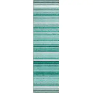 Photo of 8' Runner Aqua Striped Washable Non Skid Indoor Outdoor Runner Rug