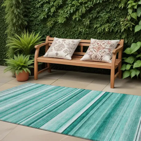 Aqua Striped Washable Indoor Outdoor Runner Rug Photo 1