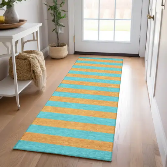 8' Runner Aqua Striped Washable Non Skid Indoor Outdoor Runner Rug Photo 9