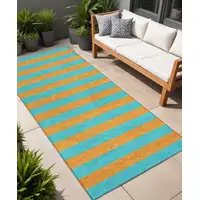 Photo of 8' Runner Aqua Striped Washable Non Skid Indoor Outdoor Runner Rug