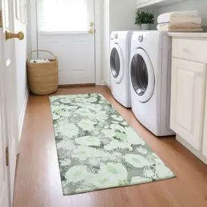 Photo of 8' Runner Artichoke Green Floral Washable Non Skid Indoor Outdoor Runner Rug