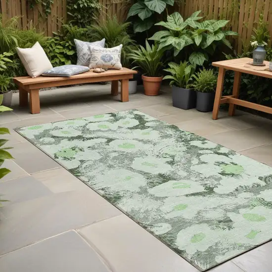 8' Runner Artichoke Green Floral Washable Non Skid Indoor Outdoor Runner Rug Photo 1