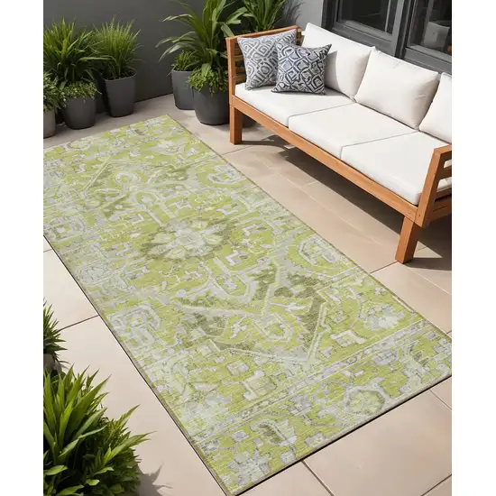 8' Runner Artichoke Green Oriental Washable Non Skid Indoor Outdoor Runner Rug Photo 1