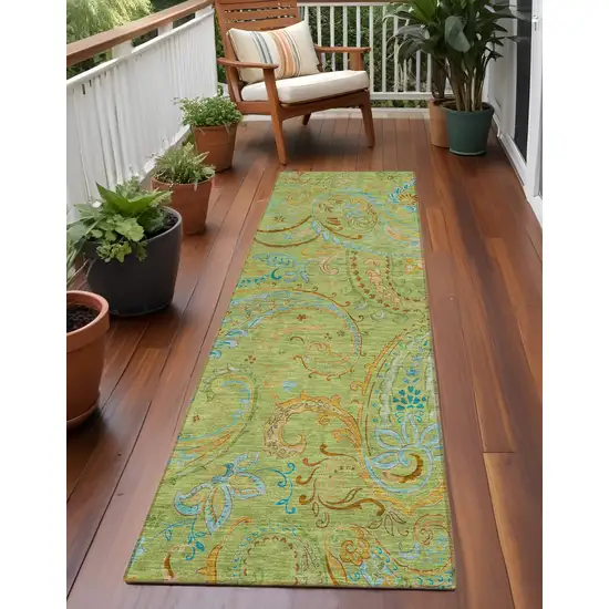 Artichoke Green Paisley Washable Indoor Outdoor Runner Rug Photo 1