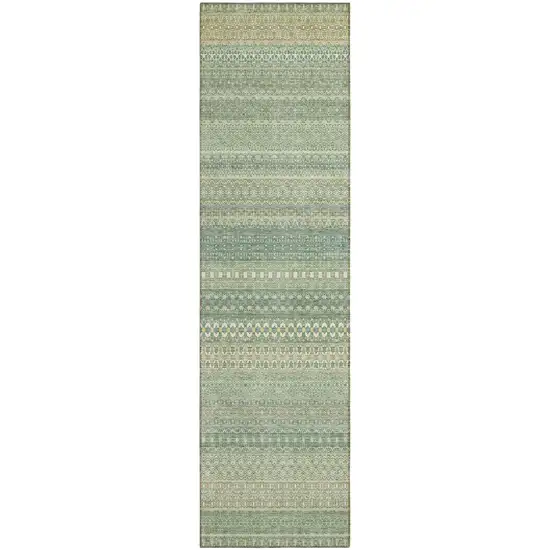 Artichoke Green Striped Washable Indoor Outdoor Runner Rug Photo 2