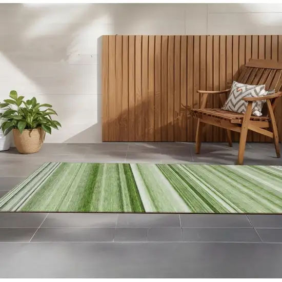 Artichoke Green Striped Washable Indoor Outdoor Runner Rug Photo 1