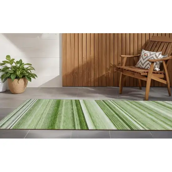 Artichoke Green Striped Washable Indoor Outdoor Runner Rug Photo 1