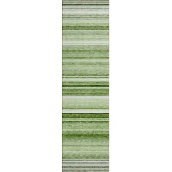 Artichoke Green Striped Washable Indoor Outdoor Runner Rug Photo 1