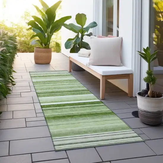 Artichoke Green Striped Washable Indoor Outdoor Runner Rug Photo 8