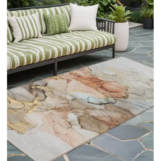 Beige Abstract Washable Non Skid Indoor Outdoor Runner Rug Photo 1