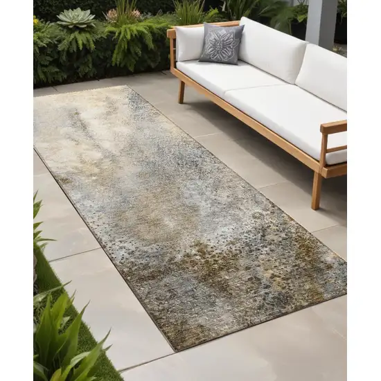 Beige Abstract Washable Non Skid Indoor Outdoor Runner Rug Photo 1