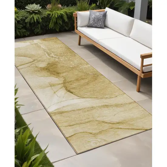 Beige Abstract Washable Non Skid Indoor Outdoor Runner Rug Photo 1