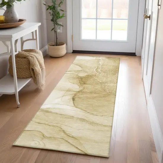 Beige Abstract Washable Non Skid Indoor Outdoor Runner Rug Photo 9