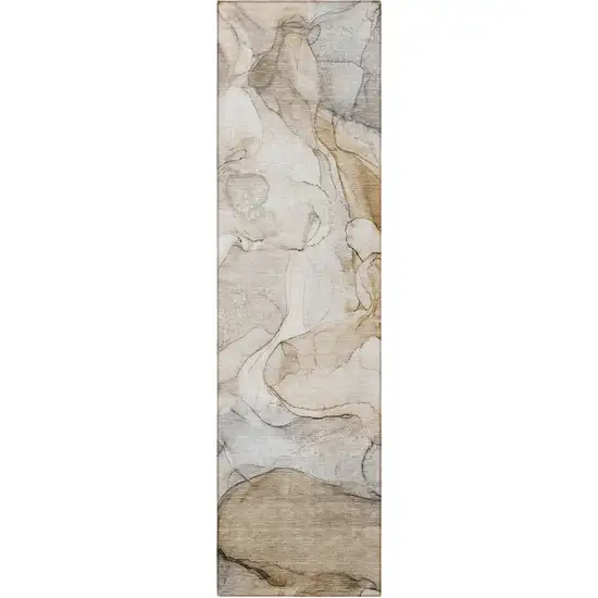 8' Runner Beige Abstract Washable Non Skid Indoor Outdoor Runner Rug Photo 5