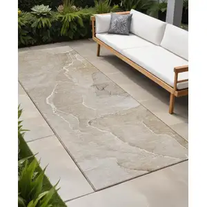 Photo of 8' Runner Beige Abstract Washable Non Skid Indoor Outdoor Runner Rug