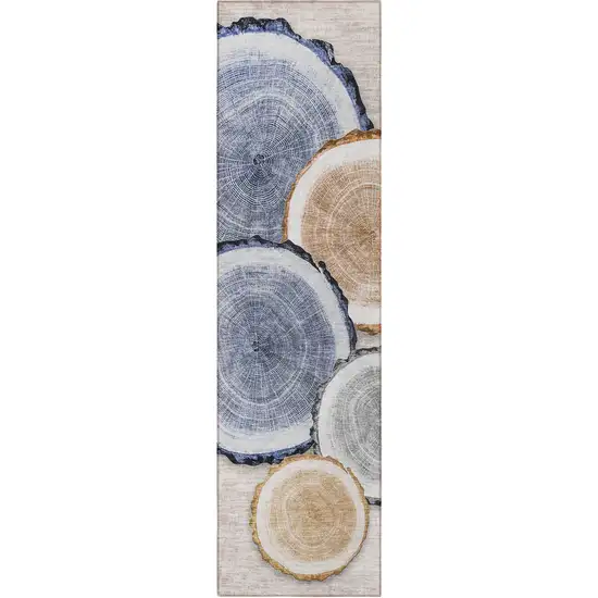 8' Runner Beige Blue and Gold Faux Bois Washable Non Skid Indoor Outdoor Runner Rug Photo 5