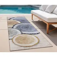 Photo of 8' Runner Beige Blue and Gold Faux Bois Washable Non Skid Indoor Outdoor Runner Rug