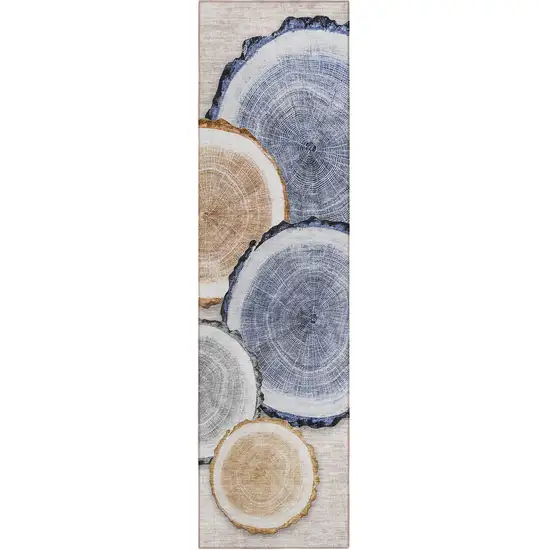 8' Runner Beige Blue and Gold Faux Bois Washable Non Skid Indoor Outdoor Runner Rug Photo 2