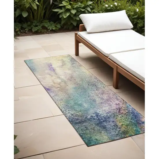 8' Runner Beige Blue and Gray Abstract Washable Non Skid Indoor Outdoor Runner Rug Photo 1