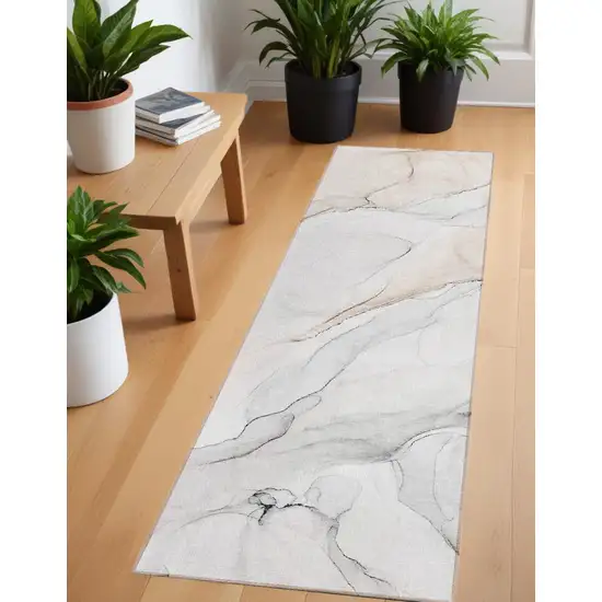 Beige Ivory and Gray Abstract Washable Non Skid Indoor Outdoor Runner Rug Photo 1