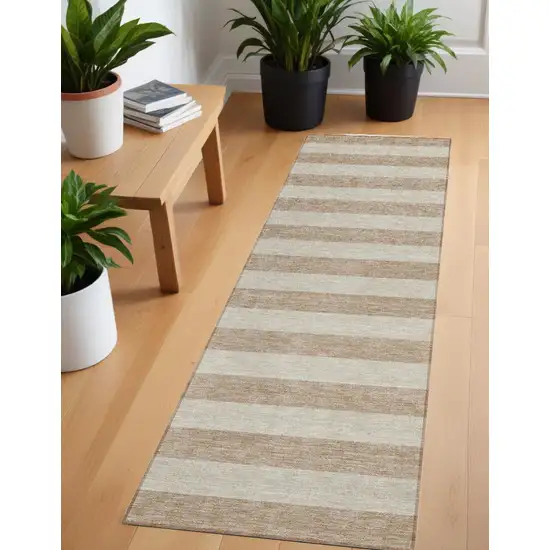 8' Runner Beige Striped Washable Non Skid Indoor Outdoor Runner Rug Photo 1