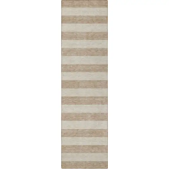 8' Runner Beige Striped Washable Non Skid Indoor Outdoor Runner Rug Photo 4