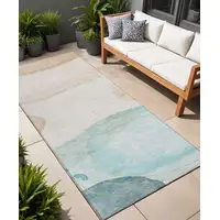 Photo of 8' Runner Beige and Blue Abstract Washable Non Skid Indoor Outdoor Runner Rug