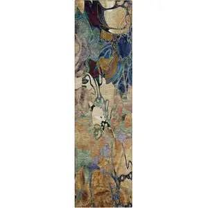 Photo of 8' Runner Beige and Blue Floral Washable Non Skid Indoor Outdoor Runner Rug