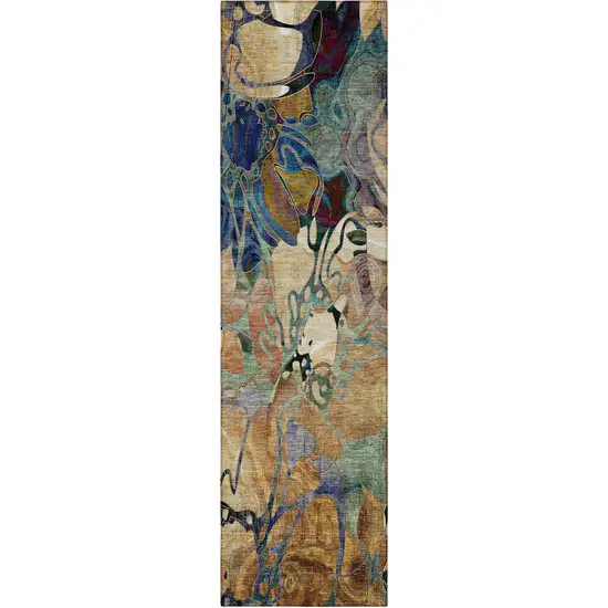 8' Runner Beige and Blue Floral Washable Non Skid Indoor Outdoor Runner Rug Photo 2