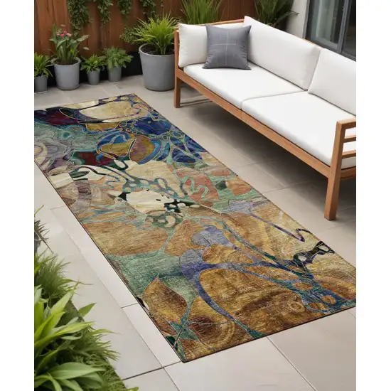 Beige and Blue Abstract Washable Indoor Outdoor Runner Rug Photo 1