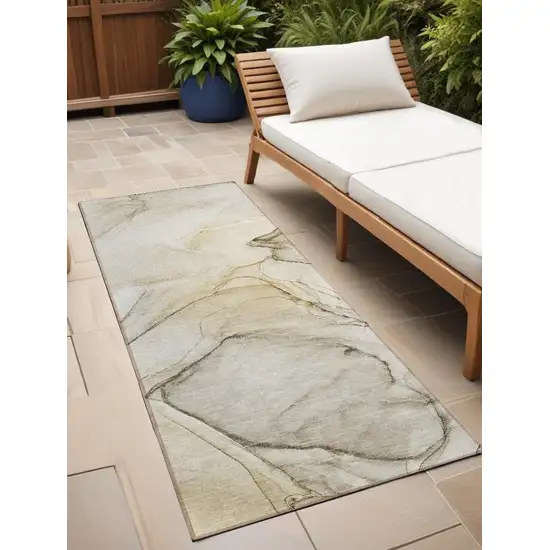 Beige and Gray Abstract Washable Non Skid Indoor Outdoor Runner Rug Photo 1