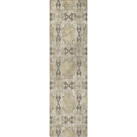 8' Runner Beige and Gray Floral Medallion Washable Non Skid Indoor Outdoor Runner Rug Photo 5