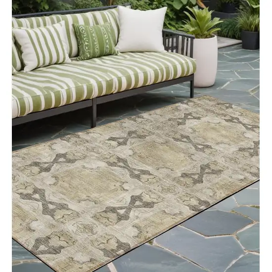 Beige and Gray Floral Medallion Washable Non Skid Indoor Outdoor Runner Rug Photo 1