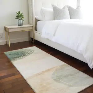 Photo of 8' Runner Beige and Green Abstract Washable Non Skid Indoor Outdoor Runner Rug