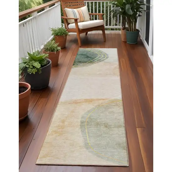 Beige and Green Abstract Washable Non Skid Indoor Outdoor Runner Rug Photo 1