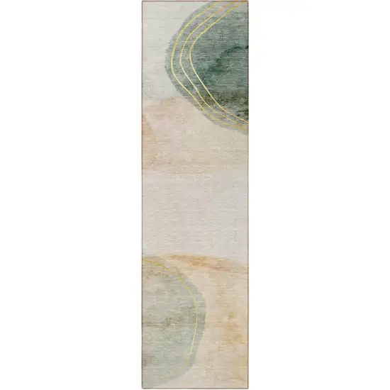 Beige and Green Abstract Washable Non Skid Indoor Outdoor Runner Rug Photo 4