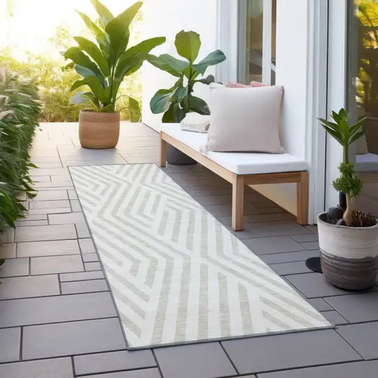 Beige and Ivory Geometric Washable Non Skid Indoor Outdoor Runner Rug Photo 8