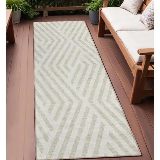 8' Runner Beige and Ivory Geometric Washable Non Skid Indoor Outdoor Runner Rug Photo 1