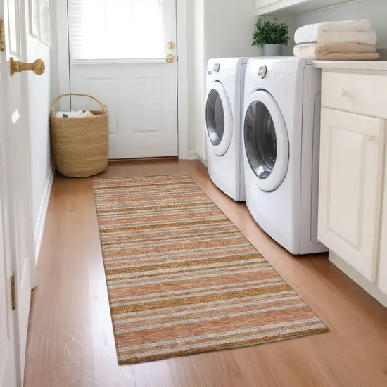 Beige and Orange Striped Washable Indoor Outdoor Runner Rug Photo 7